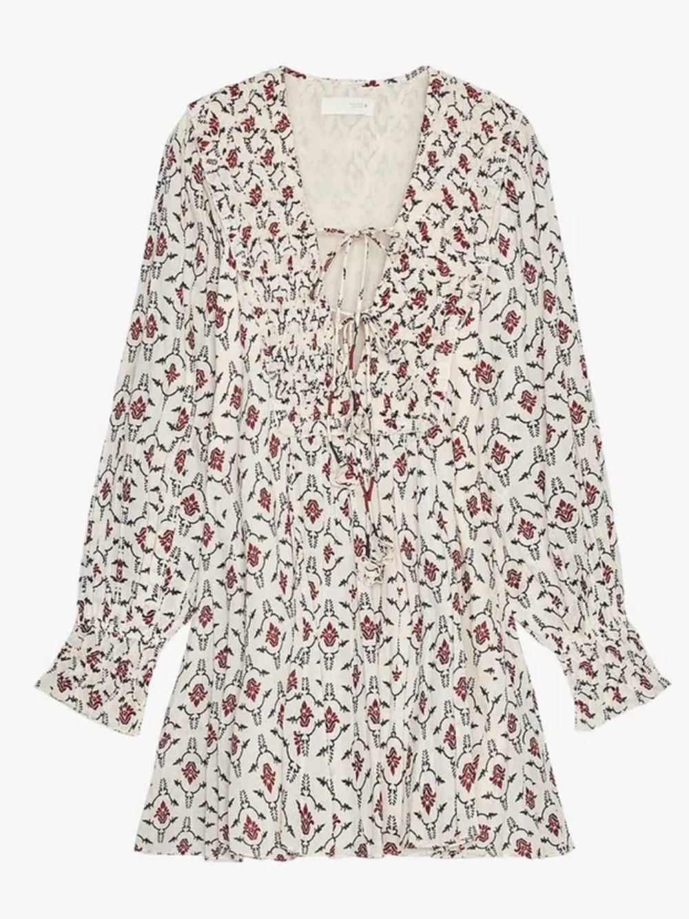 Zara Floral Tie-Front Boho Tunic - Cream with Red & Black Print Size XS
